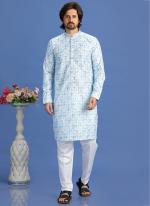 Cotton Blue Festival Wear Embroidery Work Kurta Pajama